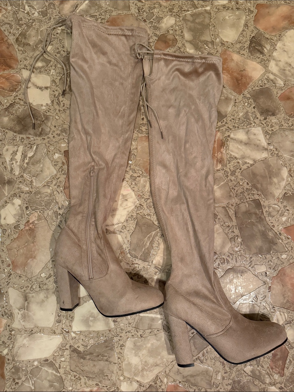 Tan Thigh-High Heel Boots